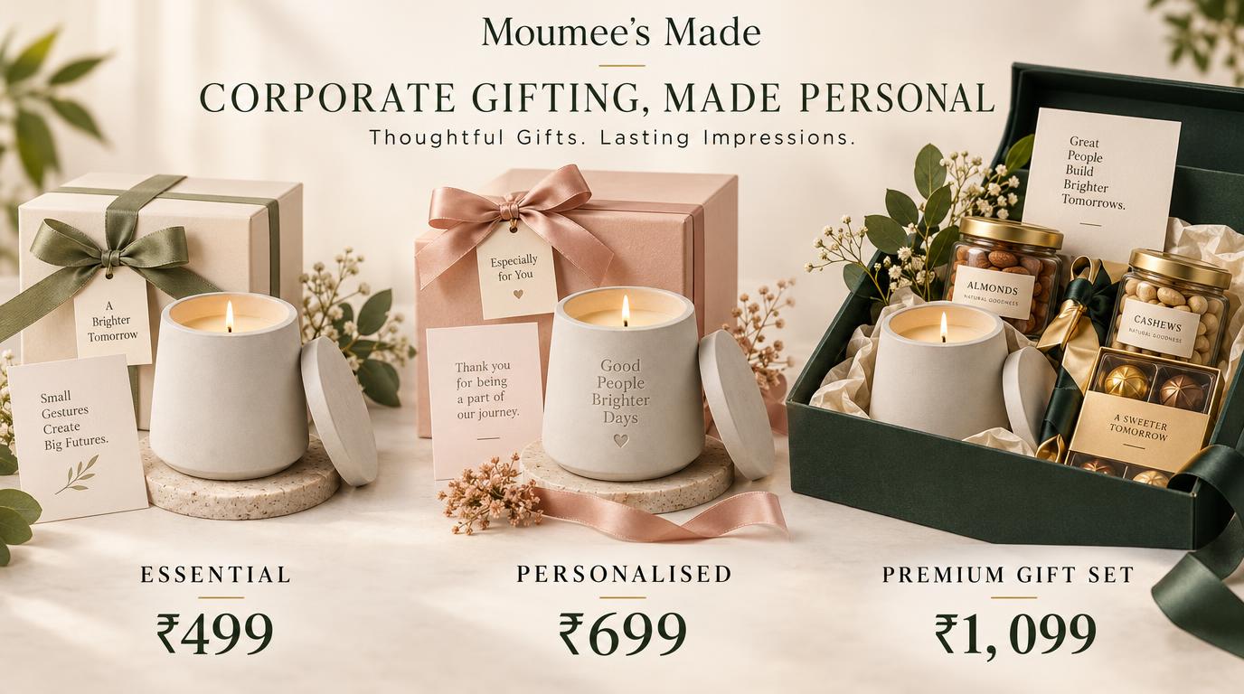 Moumee's Made — Corporate gifting, made personal. Concrete jar candles: Essential ₹499, Personalised ₹699, Premium Gift Set ₹1,099.